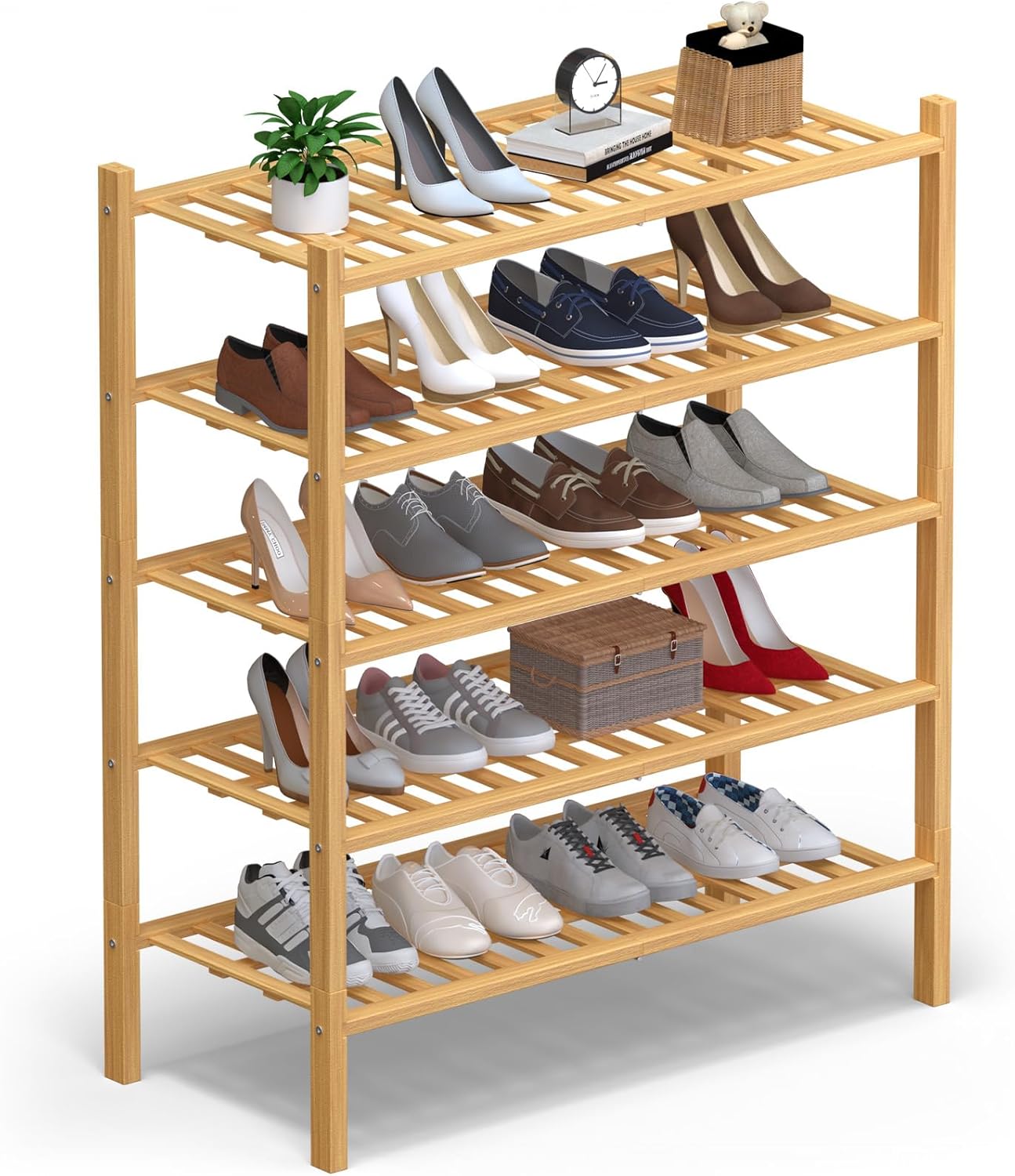 Haddockway 5 Tier Bamboo Shoe Rack Storage Organizer, Multifunctional Free Standing Stackable Shoe Shelf with Grid Panel for Closet,Hallway,Entryway,Small Space 27"x11"x32" (Natural, 5 Tier)