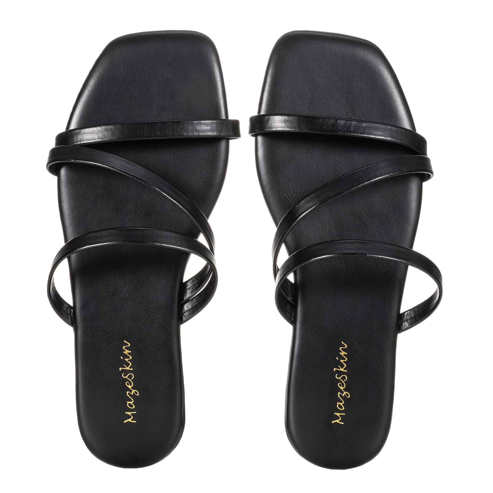 mazeskin Memory Foam Strappy Flats Sandals for Women Vegan Leather Summer Square Toe Beach Slides Non-Slip