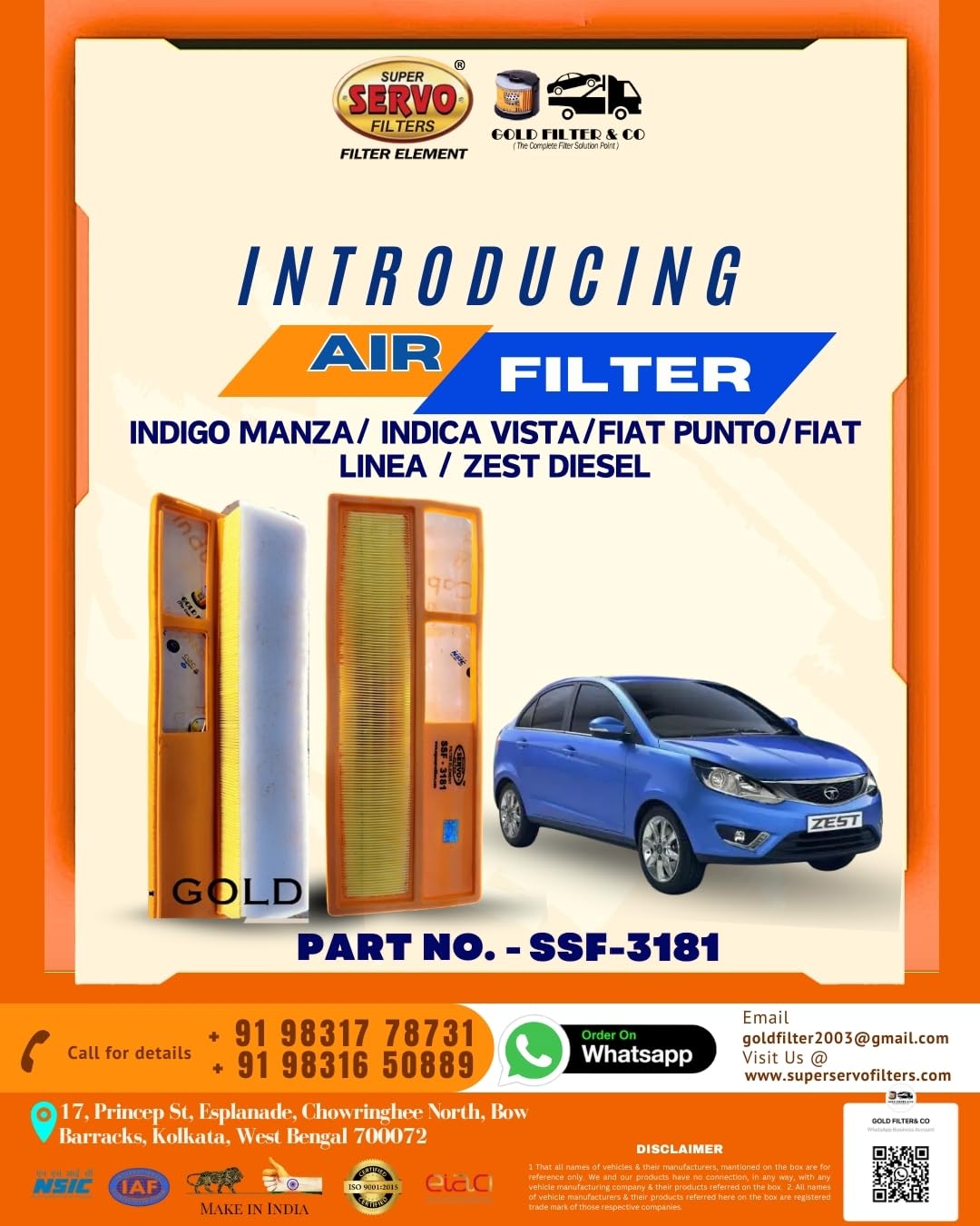 SUPER SERVO FILTERS SSF-3181 AIR FILTER INDIGO MANZA/INDICA VISTA/FIAT PUNTO/FIAT LINEA/ZEST DIESEL-image-1