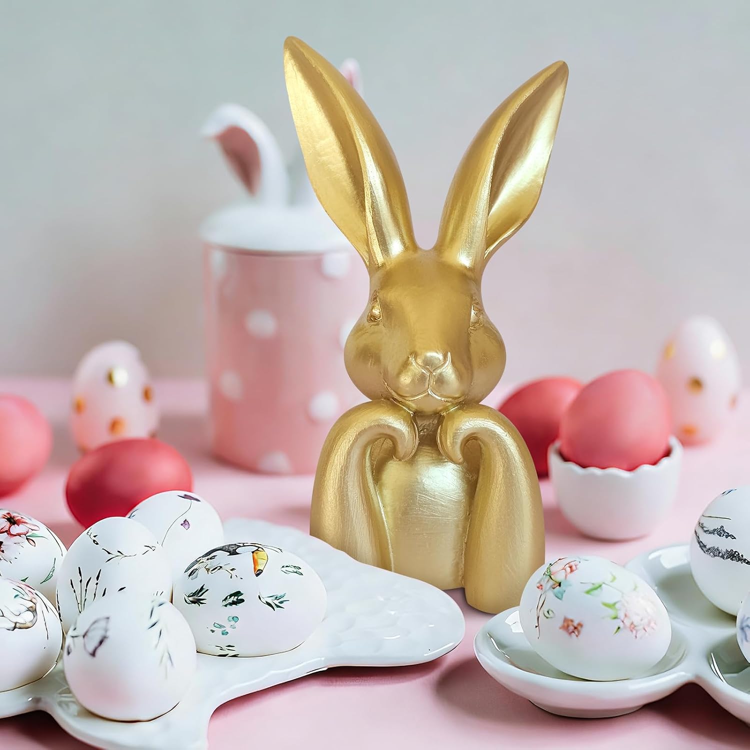 Easter Decorations for Home,Mini Resin Golden Bunnies Spring Sculpture Tabletop Ornament,Brass Rabbit Decor for Spring Home Decor, Vintage Resin Bunnies for Table Centerpieces Mantel Decorations