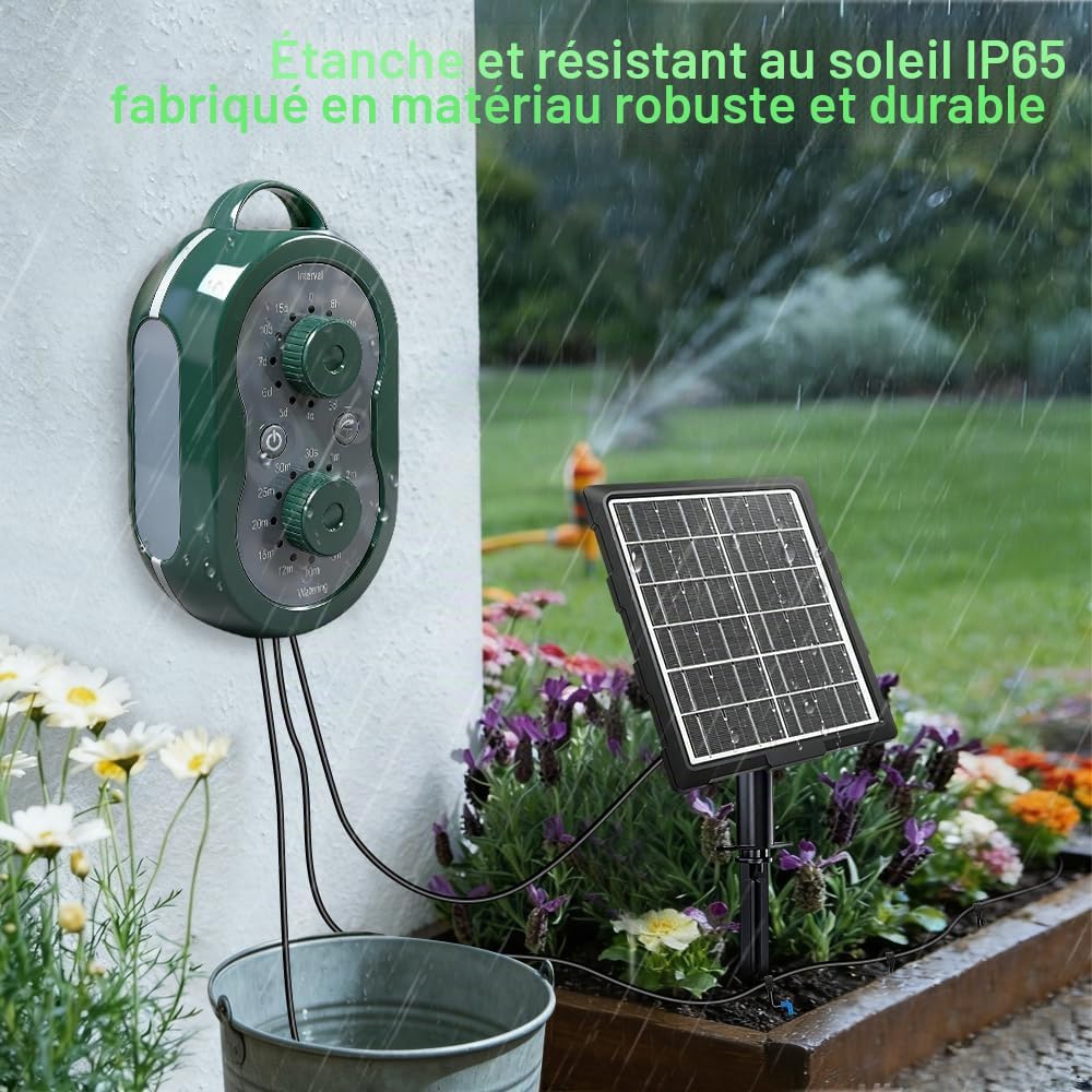 Arrosage Automatique Solaire pour Jardin Kit, Goutte a Goutte Solaire, 132 Modes Arrosage Automatique Interieur, avec 15M Tuyau Arrosage, Arrosage Plante Vacances Balcon Pot de Fleur Plantes