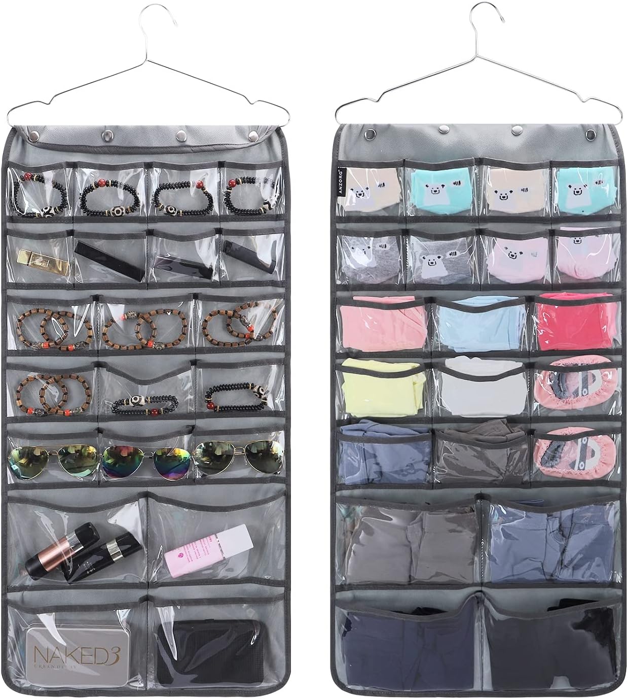 Dual Sided Hanging Organizer for Jewelry Makeup Storage Closet Organizers for Bows Socks Underwear with 42 Clear Pockets (GREY)