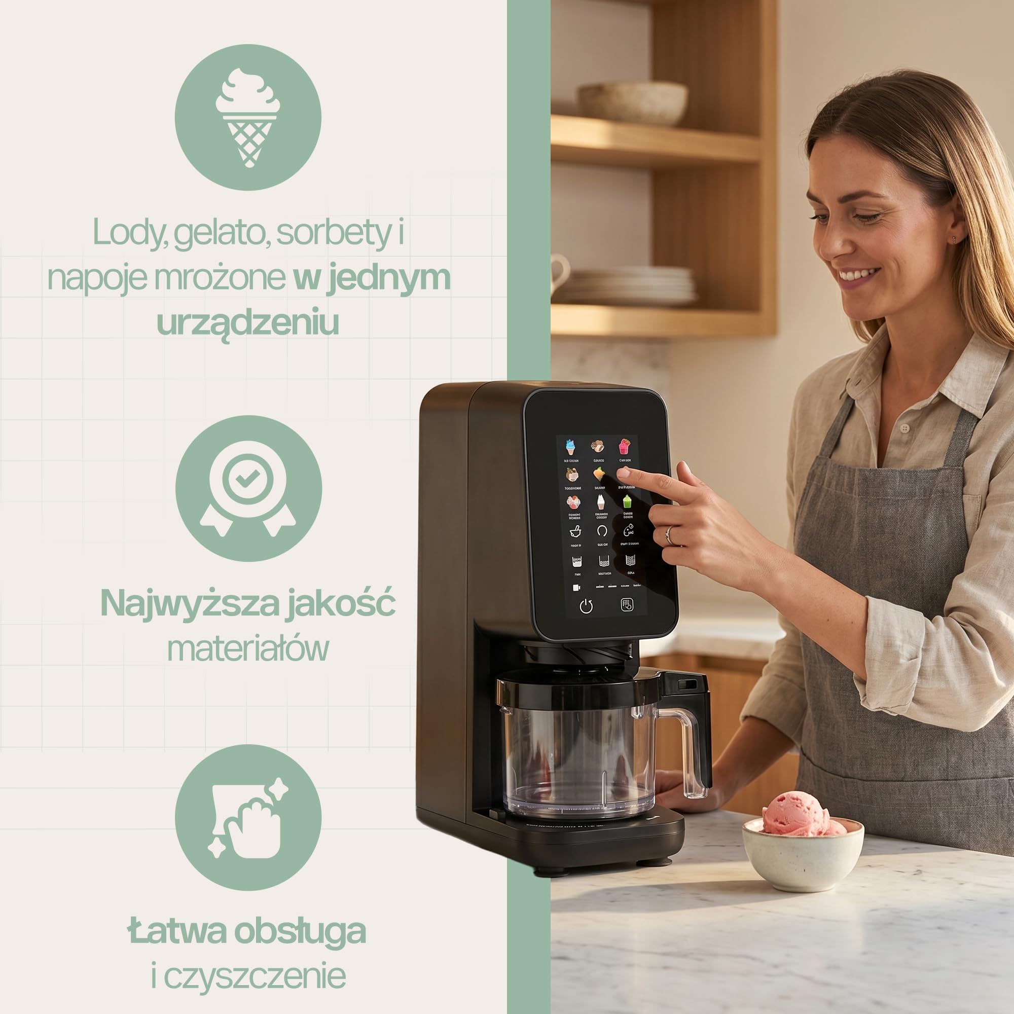 4Swiss Maszyna do lodów Urządzenie do Deserów Mrożonych Włoskich Slush Sorbetu Shake Ice Cream z Funkcją Dodawania MIX-In One-Touch Desery Keto Wolne od BPA do Kuchni na Imprezy Lato Czarna – IB026