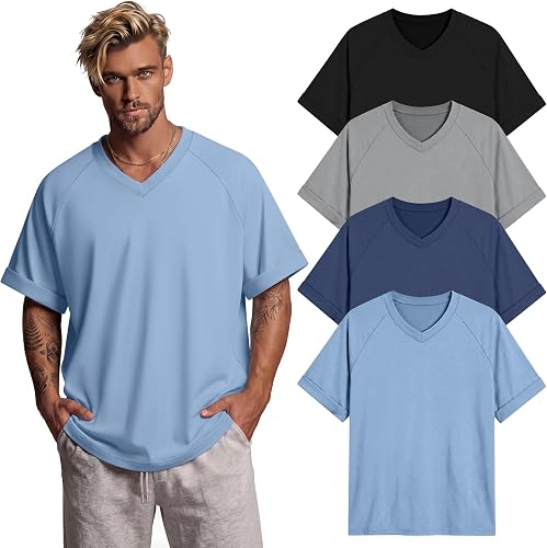 August Alley 4 Pack Men's Oversized Shirts Raglan Short Sleeve V Neck Tops Causa
