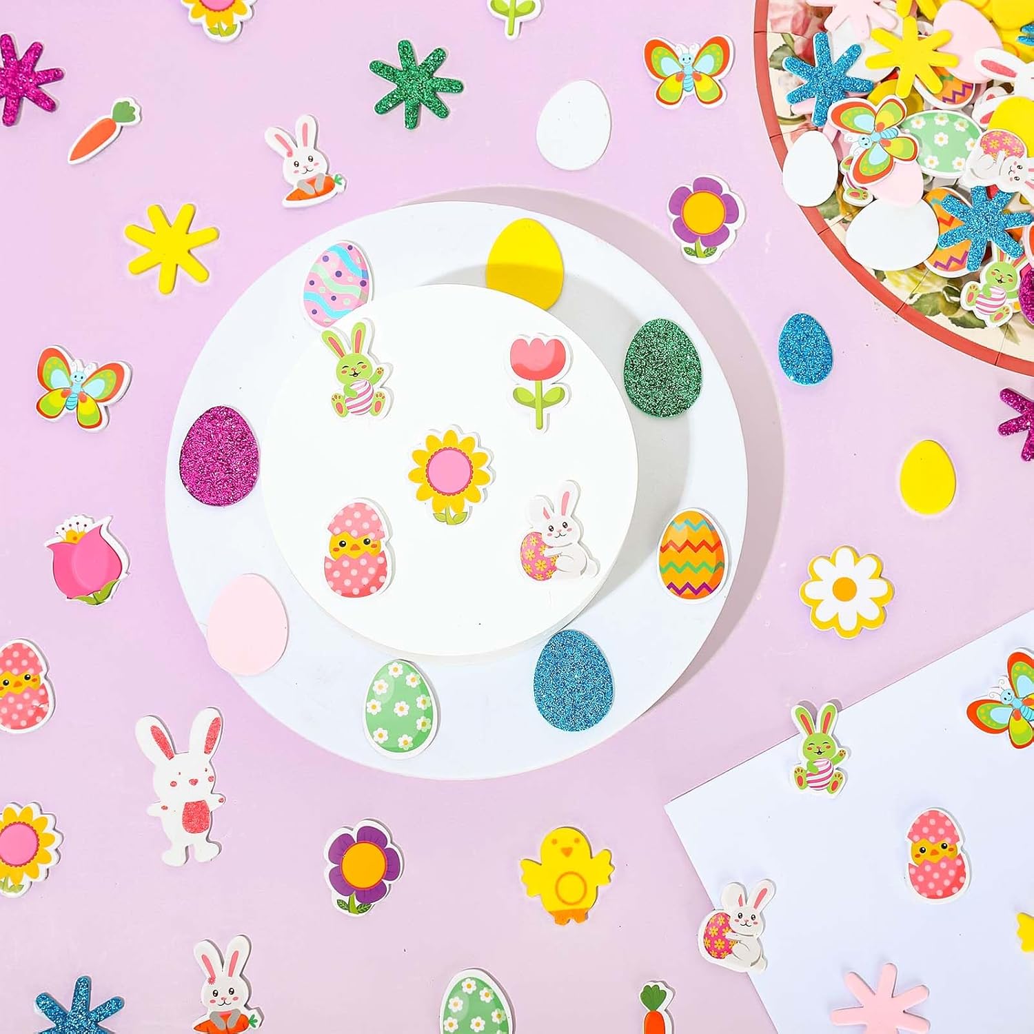 JarThenaAMCS 400Pcs Easter Foam Stickers Spring Bunny Rabbit Flower Egg Butterfly Puffy Stickers Colorful Glitter Cartoon Self-Adhesive Decals for DIY Crafts Party Favors