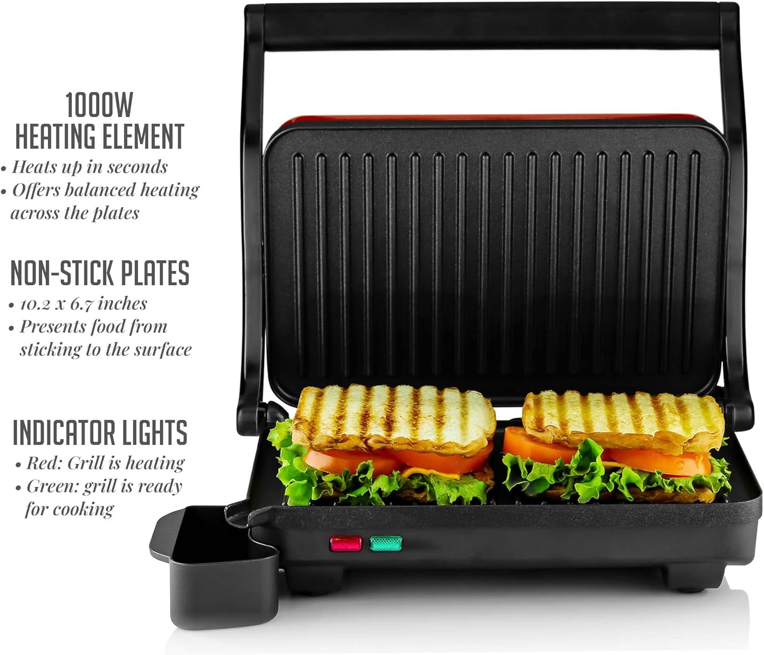 Ovente Electric Indoor Panini Press Grill with Non-Stick Double Cooking Plate, 1000W with Thermostat Control and Removable Drip Tray for Easy Clean, Ideal Sandwich Maker for Breakfast, Red GP0620R: Home & Kitchen