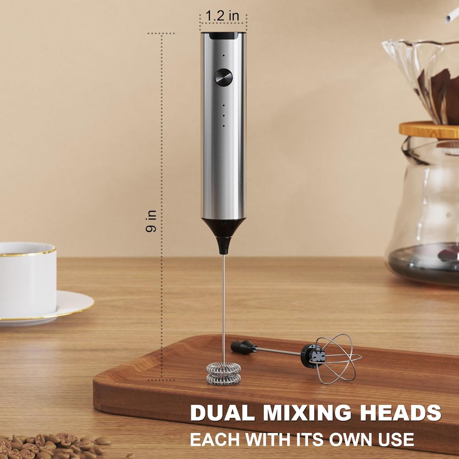 Rechargeable Milk Frother with Stand, 3 Speeds Drink Mixer Handheld with 2 Heads, Electric Frother Wand for Coffee, Latte, Cappuccino, Hot Chocolate, Matcha and Egg Mini Frother, Silver