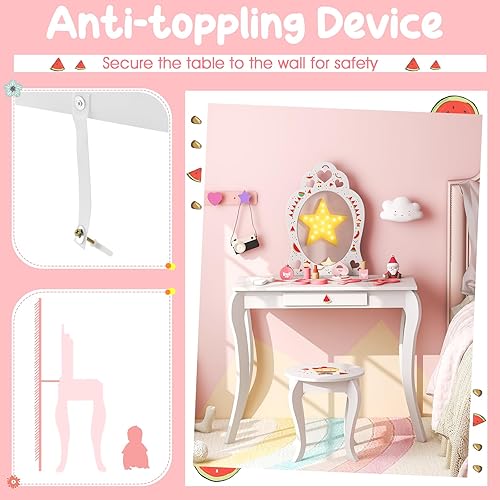 Miniatura 4 de Costzon Juego de tocador para niños con espejo, tocador de madera 2 en 1 de maquillaje de princesa, juego de tocador para niños pequeños con cajón y