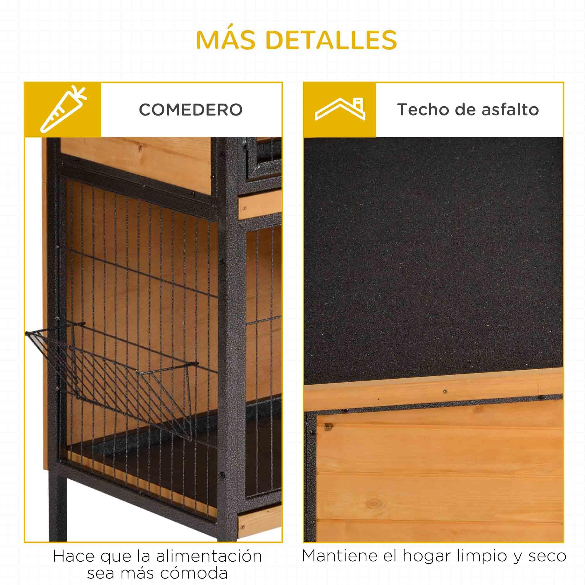 PawHut Conejera de Madera de 2 Niveles Jaula para Conejos con Techo Asfáltico Abatible Puertas con Pestillo Bandejas Extraíbles y Rampa Conejera para Exterior 122x50x101 cm Natural y Negro