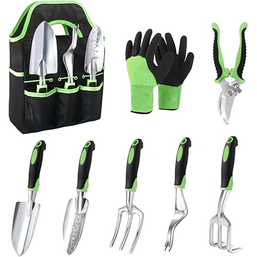 Garden Tools Set, 8 Piece Gardening Tools Set with Non Slip Ergonomic Handle, Heavy Duty Garden Tool Set with Storage Bag, Gardening Kit for Women, Garden Hand Tools Gift, Green