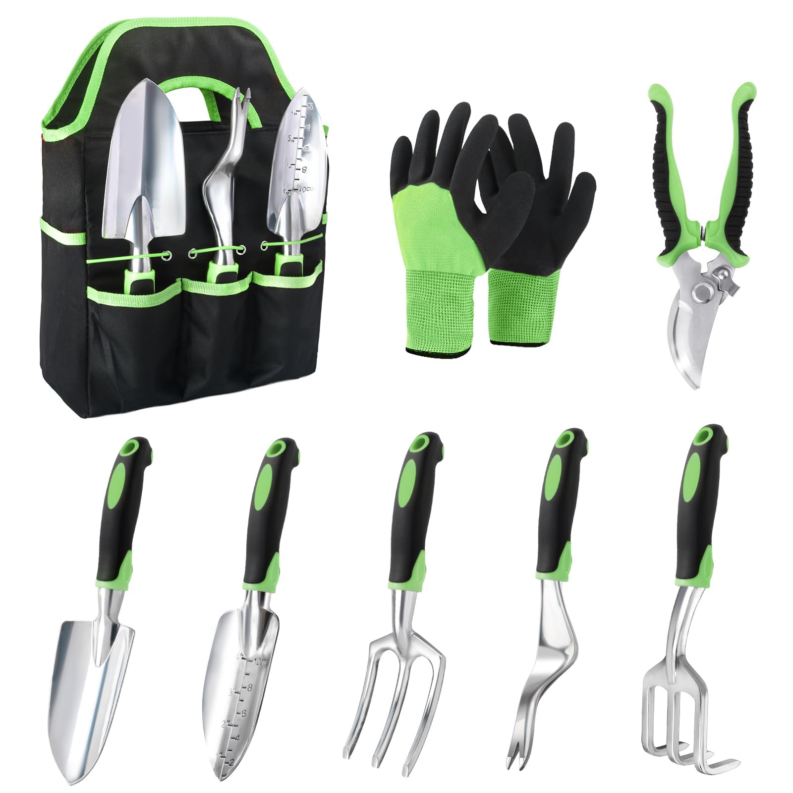 Garden Tools Set, 8 Piece Garden Tool Set with Storage Bag, Green