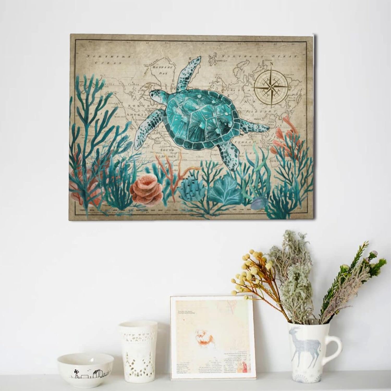 GRYTAPA Sea Turtle Bathroom Decor Wall Art Ocean Wall Decor Ocean Theme Painting Map Background Framed Artwork for Prayer room Bedroom Home Office Kitchen 16"x12"
