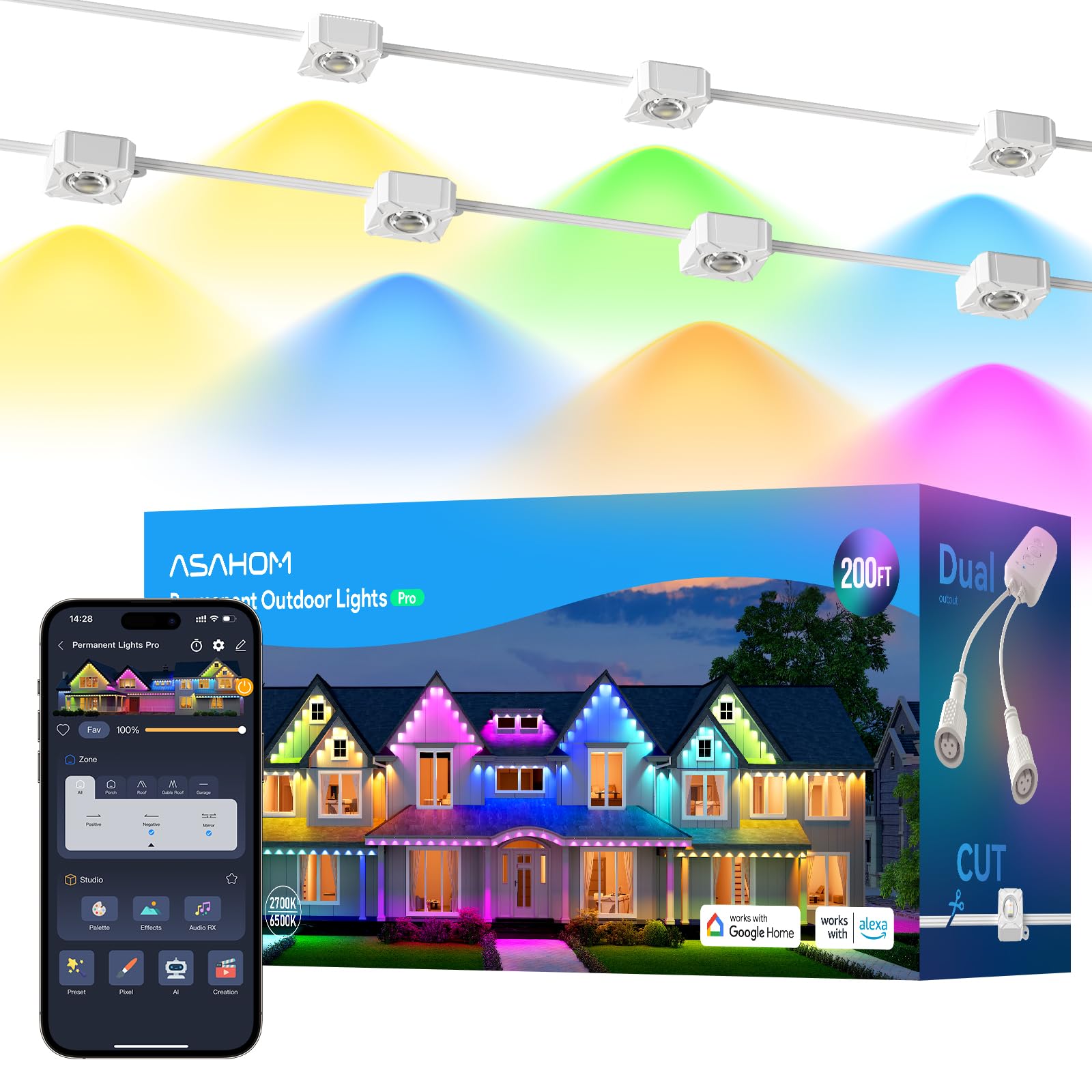 ASAHOM Permanent Outdoor Light Pro S108D, 200FT with 144 RGBCW 50lm LED Lights, WLED Integration, AI Lighting, 30000 Dynamic Effect, IP67 Waterproof for Outdoor Holiday Decor and Daily Lighting, White