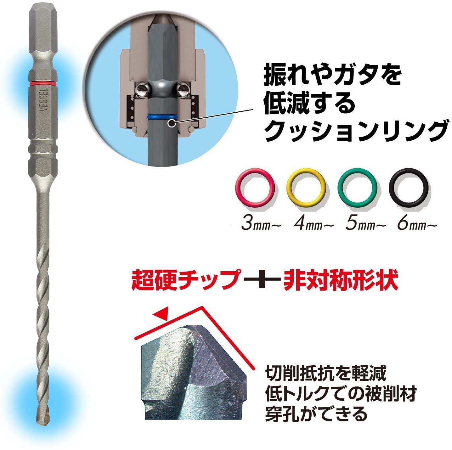 Vessel ACD-6.4L Concrete Drill Bit Cushion Drill (Long) 0.25 inches (6.4 mm)