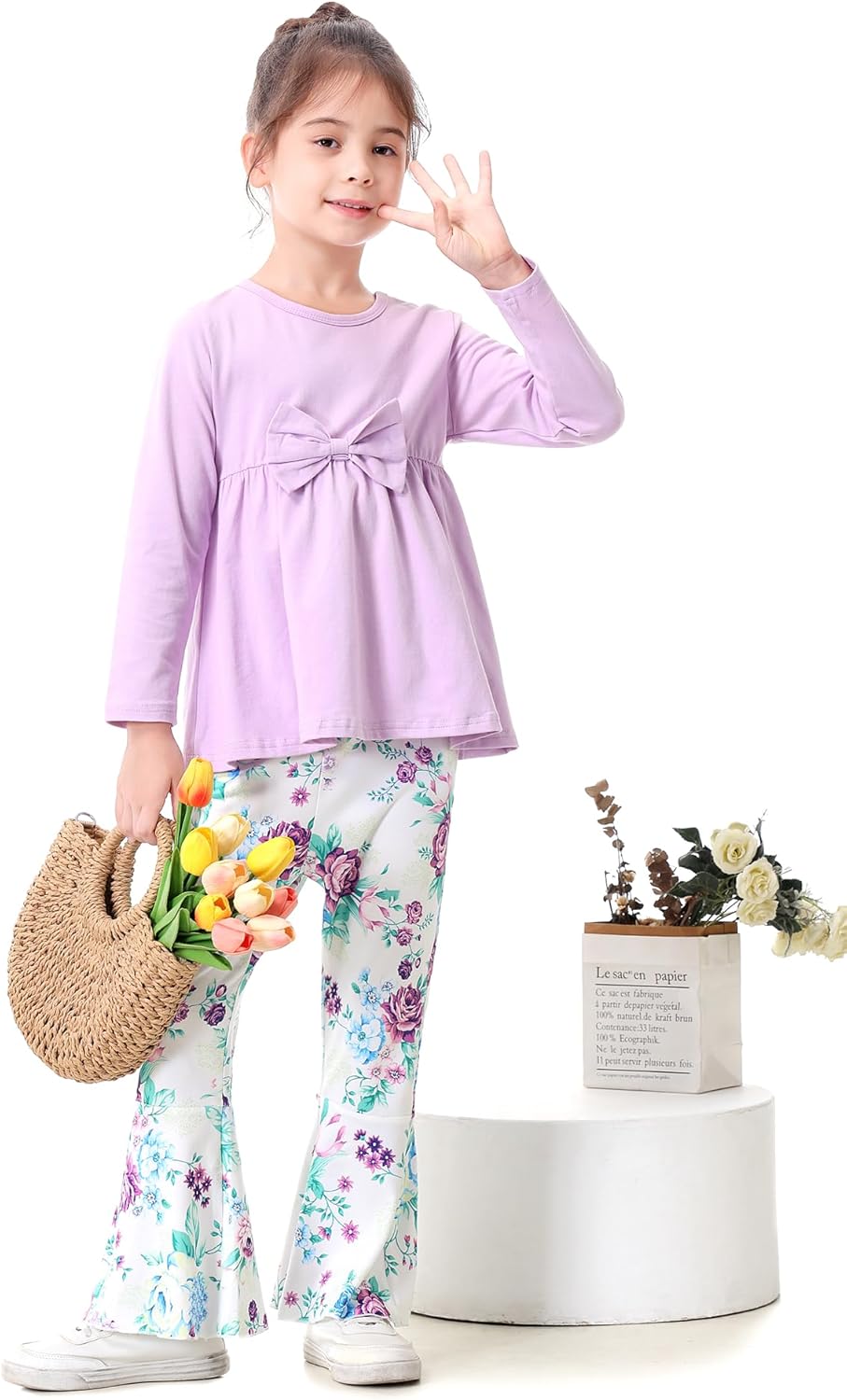 Girls Clothes Ruffle Long Sleeve Top and Floral Flared Pants Set 2 Piece Fall Winter Outfit - Image 2