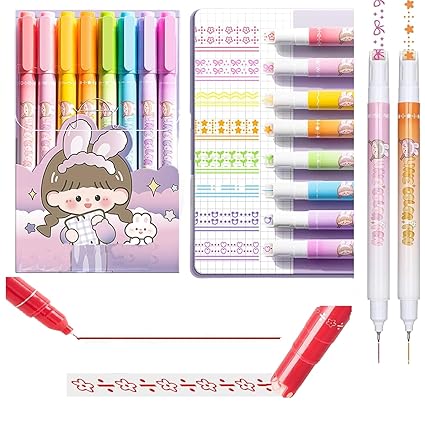 SUPER TOY 8Pcs Cute Colored Curve Pens, Dual Tip Pens with 8 Different Curve Shapes, Curve Highlighter Pen Set for Kids Journaling Note Taking Scrapbook Supplies