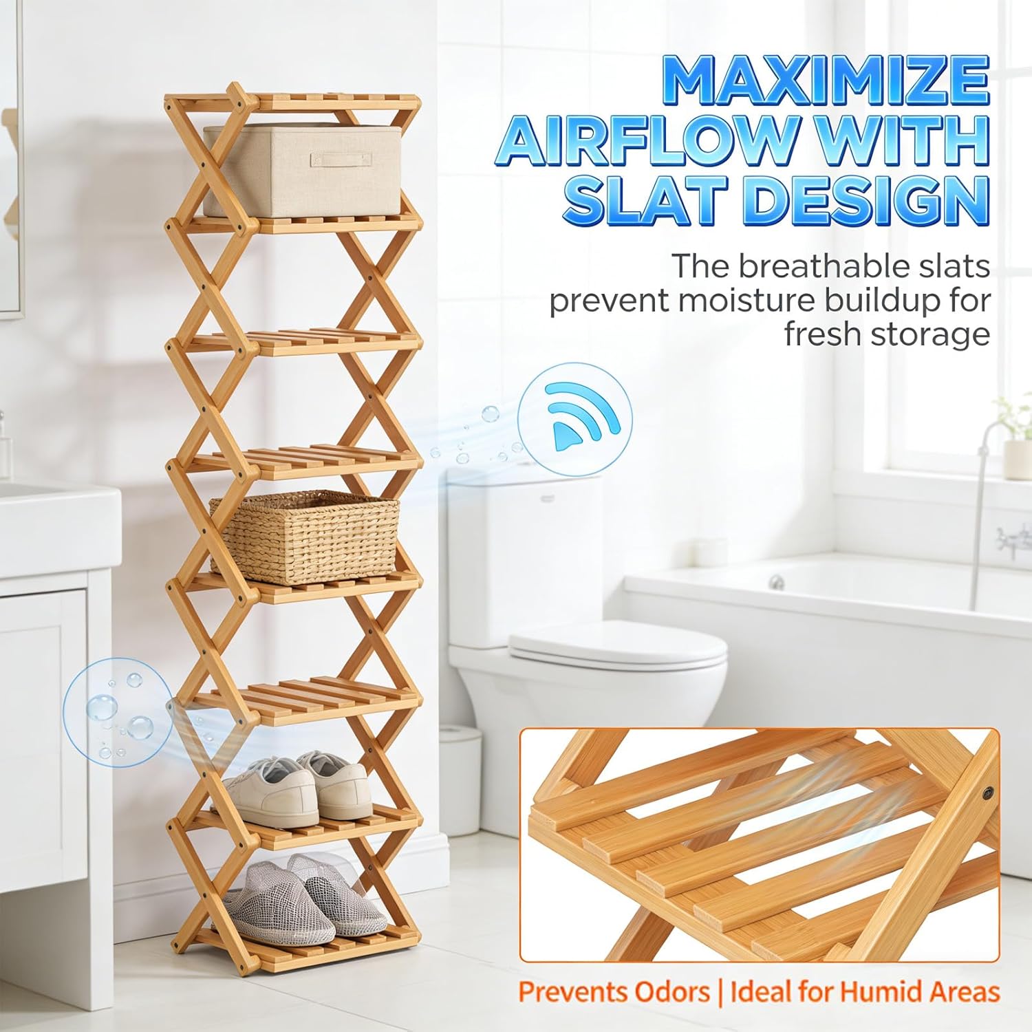 The 9-Tier No-Assembly Bamboo Rack, Portable and Foldable Design, Space-Saving Narrow Shelf for Store Shoes, Books, and Flower Pots (5 Tier,Walnut Wood)