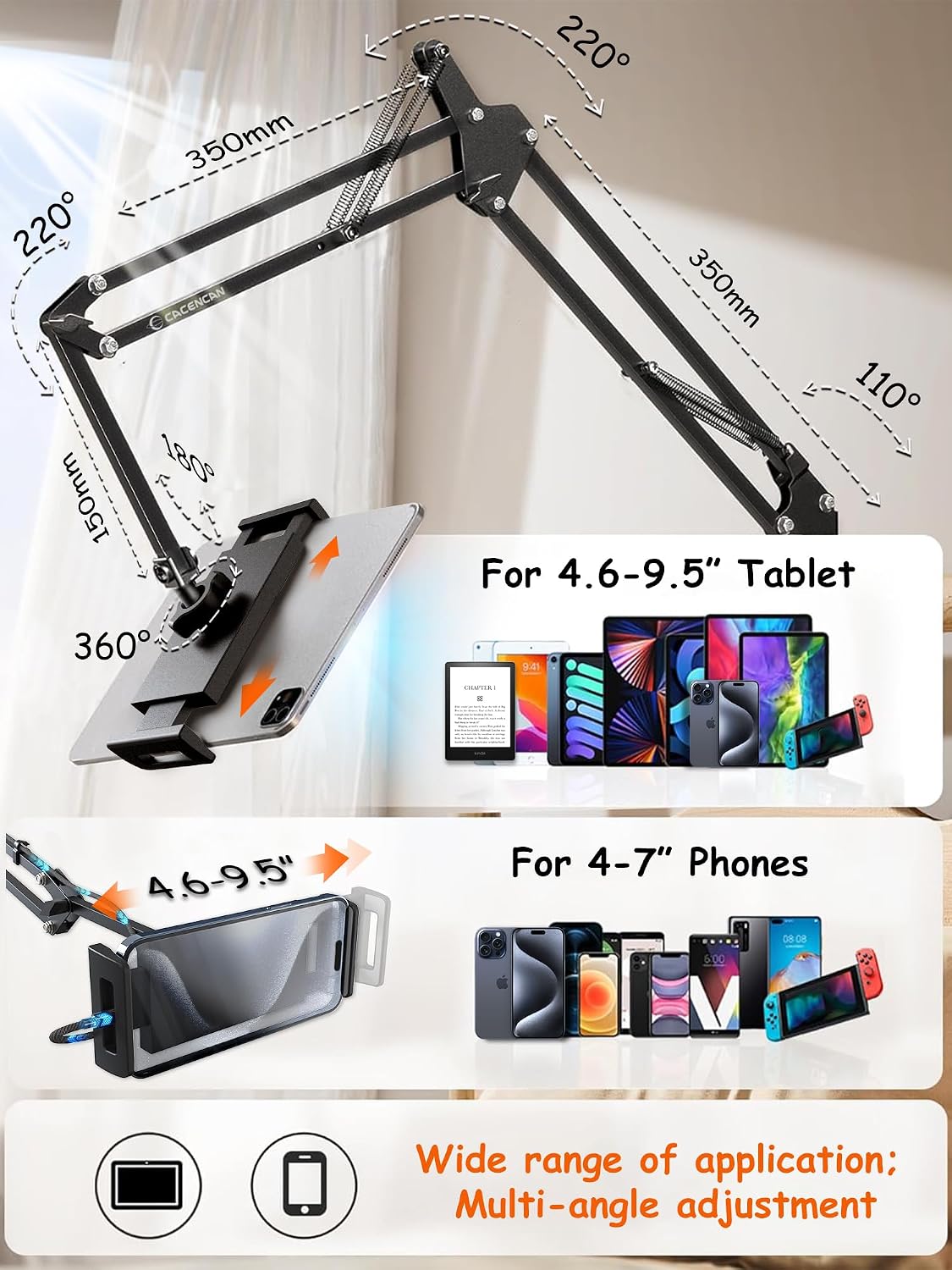 CACENCAN 33.5 Inch Tablet Stand, Adjustable Gooseneck Tablet Arm, Universal Tablet Holder Stand for Bed Desk, 360° Rotation, Carbon Steel Alloy, Fits 4-9.5" iPad iPhone,for Working Watching