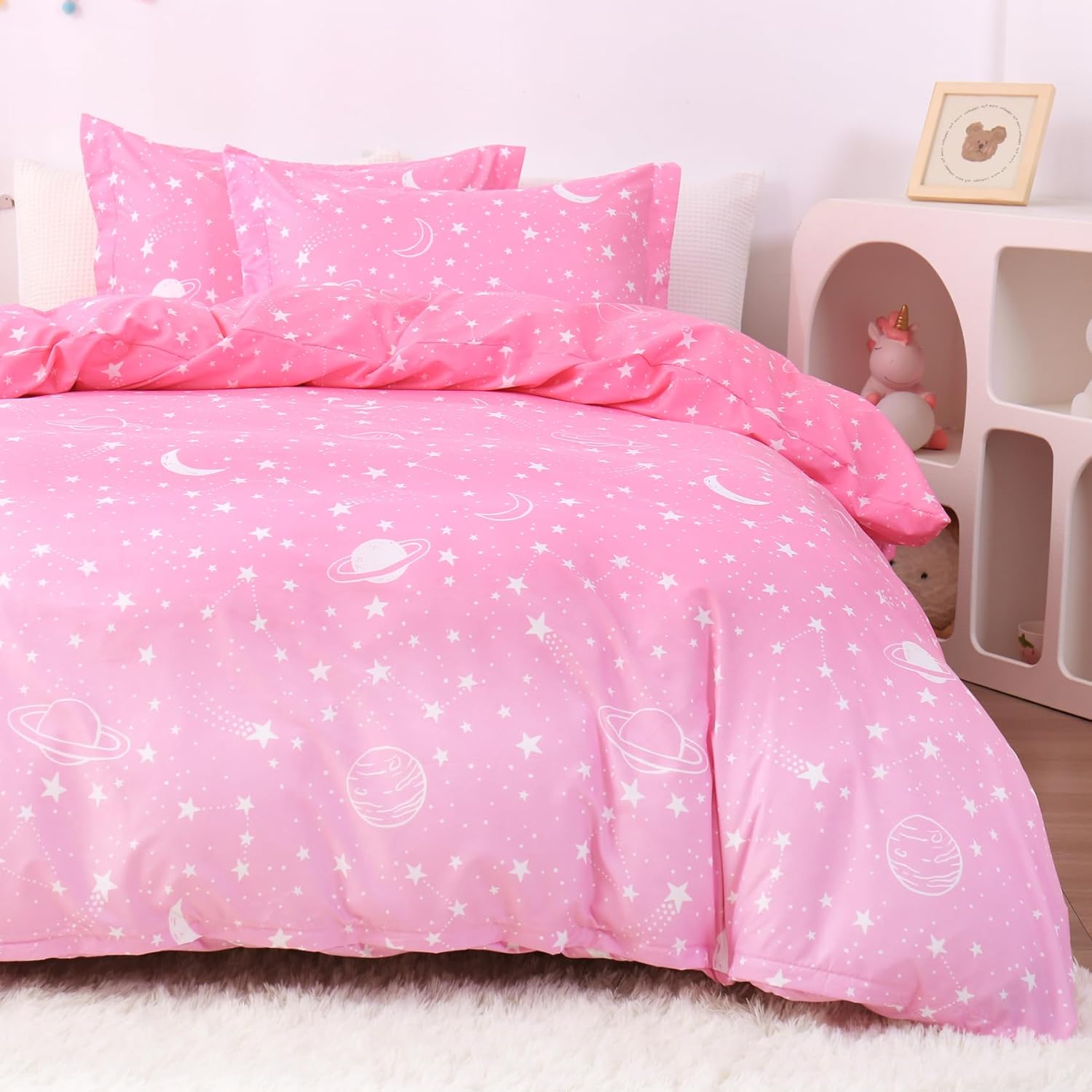 JSD Pink Stars Kids Duvet Cover Set Twin Size, 2 Piece Girls Space Theme Microfiber Comforter Cover with Pillow Sham Zipper Closure, Comforter Not Included