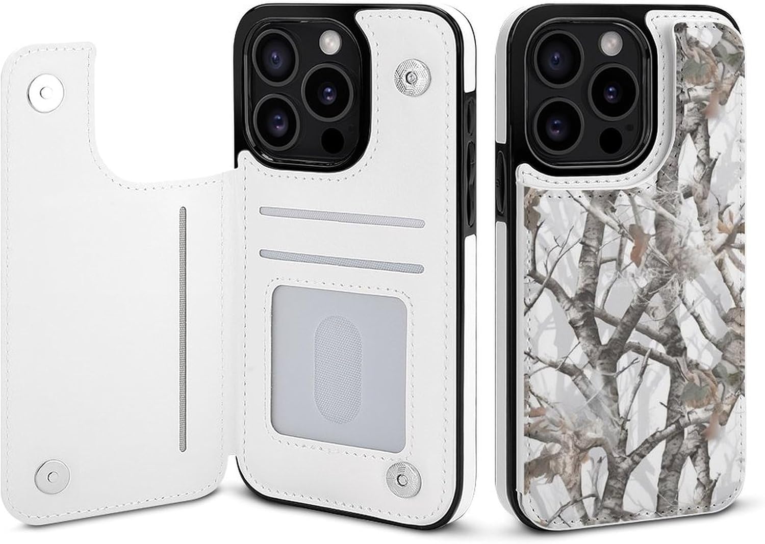 White Tree Camouflage Printed Wallet Case for iPhone 15 Pro - Flip Leather Wallet Phone Cases Cover with Card Slots