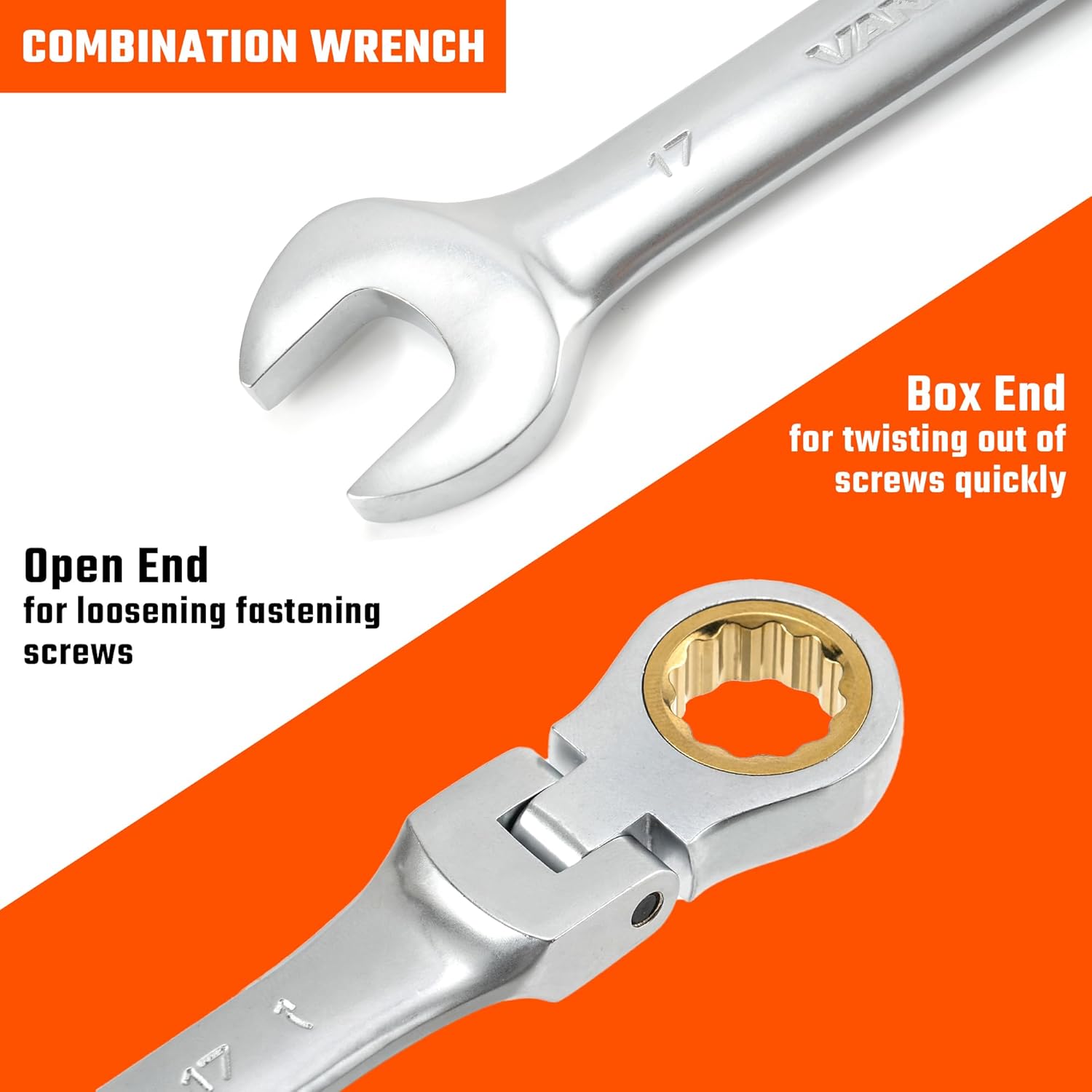 Vanquish Flex-Head Ratchet Wrenches Set, 8-Piece Metric Combination Wrenches Set, 72-Teeth, Cr-V Constructed,10,12,14,15,16,17,18,19mm (1217SET)