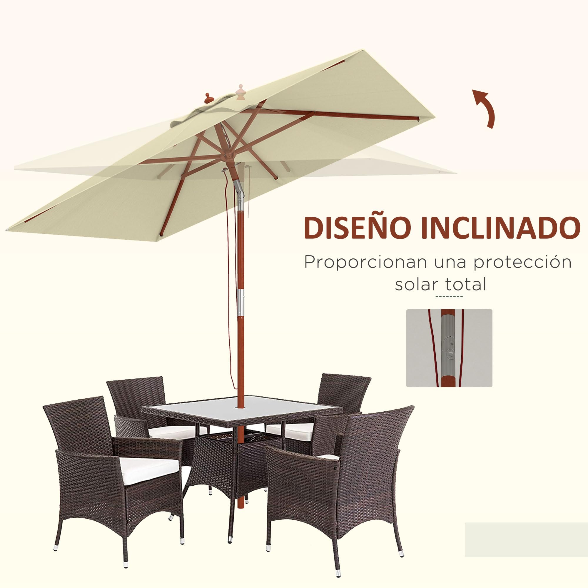 Outsunny Sombrilla Terraza Exterior 200x150 cm Sombrilla de Jardín Rectangular con Ángulo Ajustable Mástil de Madera y Manivela Parasol para Patio Terraza