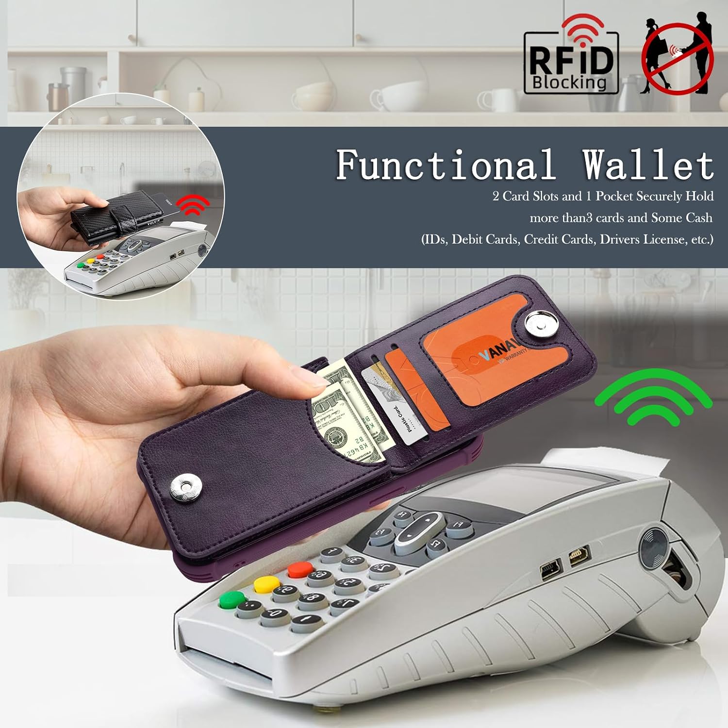 VANAVAGY Compatible for iPhone 16 Wallet Case with RFID Blocking Card Holder Coin Pocket Ring Kickstand, PU Leather Magnetic Clasp Phone Case for Women Men 6.1 Inch,Purple
