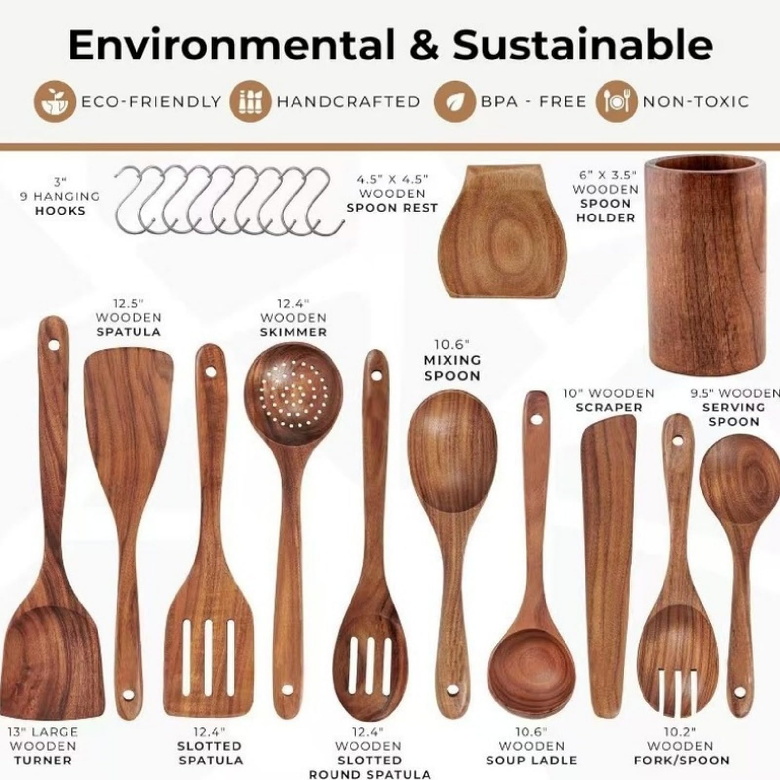 Ensemble d'ustensiles de cuisine en bois de teck naturel : spatule antiadhésive, louche, cuillère à égoutter, cuillères en bois résistantes à la chaleur, grattoir de cuisine.