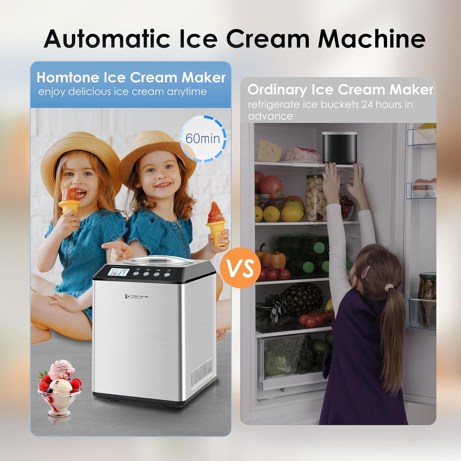 Close-up of the Homtone ICE2580 LCD display and control buttons, showing Mixing Only, Cooling Only, and Ice Cream modes, along with On/Off, Menu, Start, and Time Setting buttons.