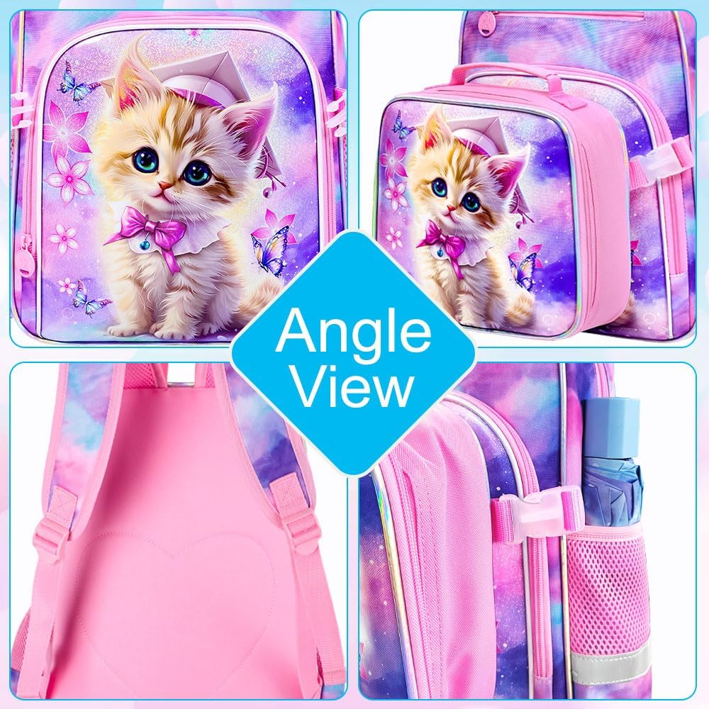 3PCS Girls Backpack, 16" Sequin Prechool Elementary Bookbag and Lunch Box