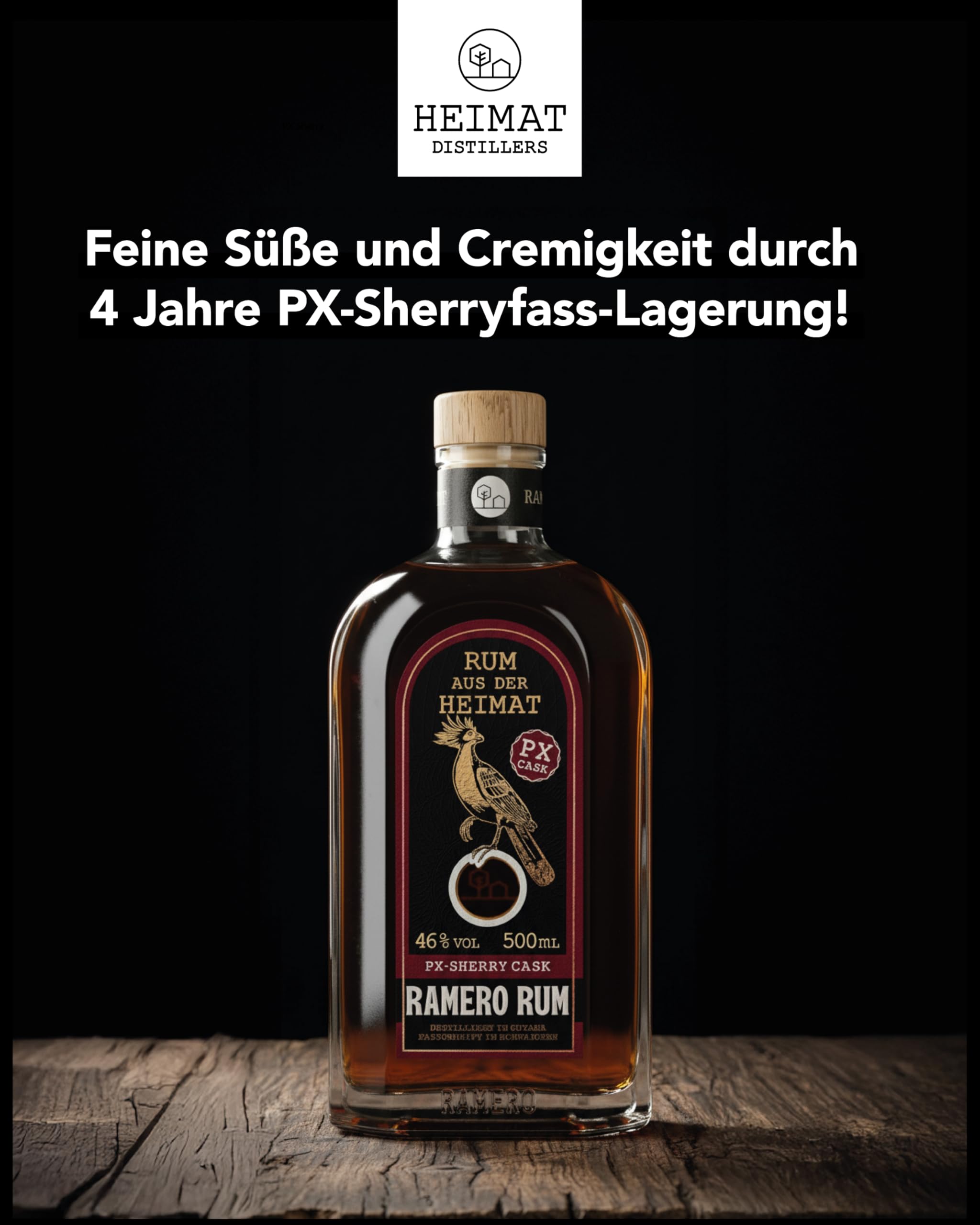 RAMERO PX Sherry Cask Rum 46% vol – Premium Rum aus Deutschland | weich & komplex mit Noten von Rosinen, Karamell & Schokolade | gereift in Pedro Ximénez Sherryfässern | 500 ml