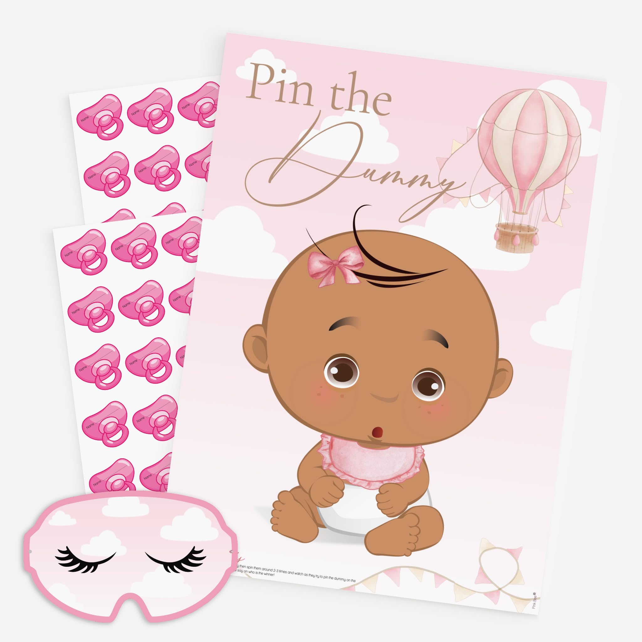 Pink Bee Parties Pin The Dummy Baby Shower Game in Pink Hot Air Balloon Theme Up, Up and Away with Ethnic Baby Girl. (40 Player)