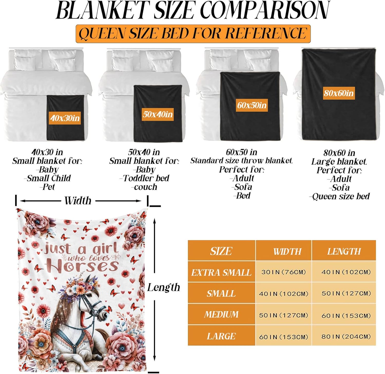 Horse Blanket, 60" x 50" Flannel Cute Horses Themed Stuffed Animal Colorful Throw, Soft Nap Throw Blanket for Home Boys Girls Women Horse Lovers - Image 3