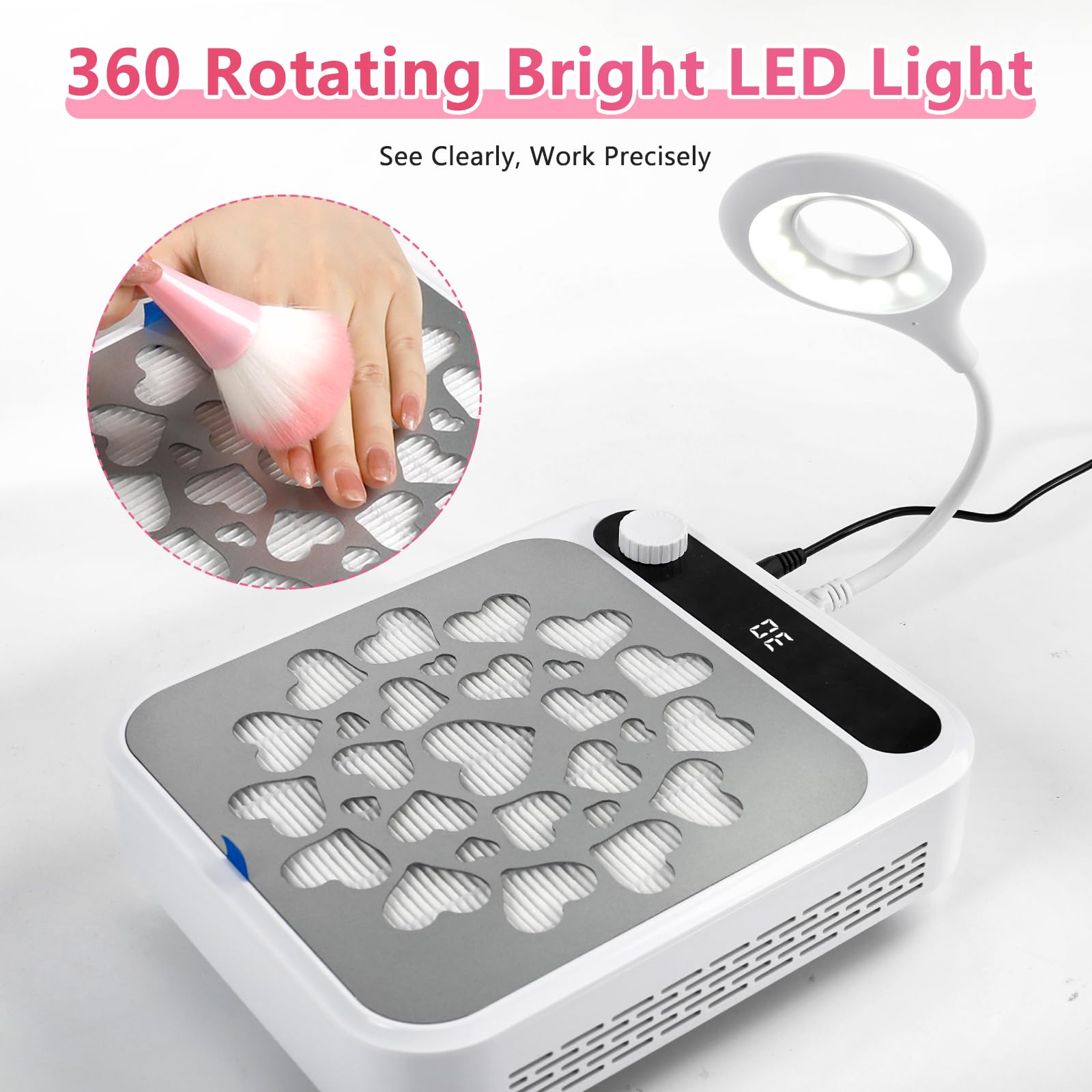 Colector de polvo de uñas, colector de polvo de uñas con luz LED y 2 filtros reutilizables y cepillo de limpieza, colector de polvo al vacío para manicura, esmalte de uñas de gel acrílico,
