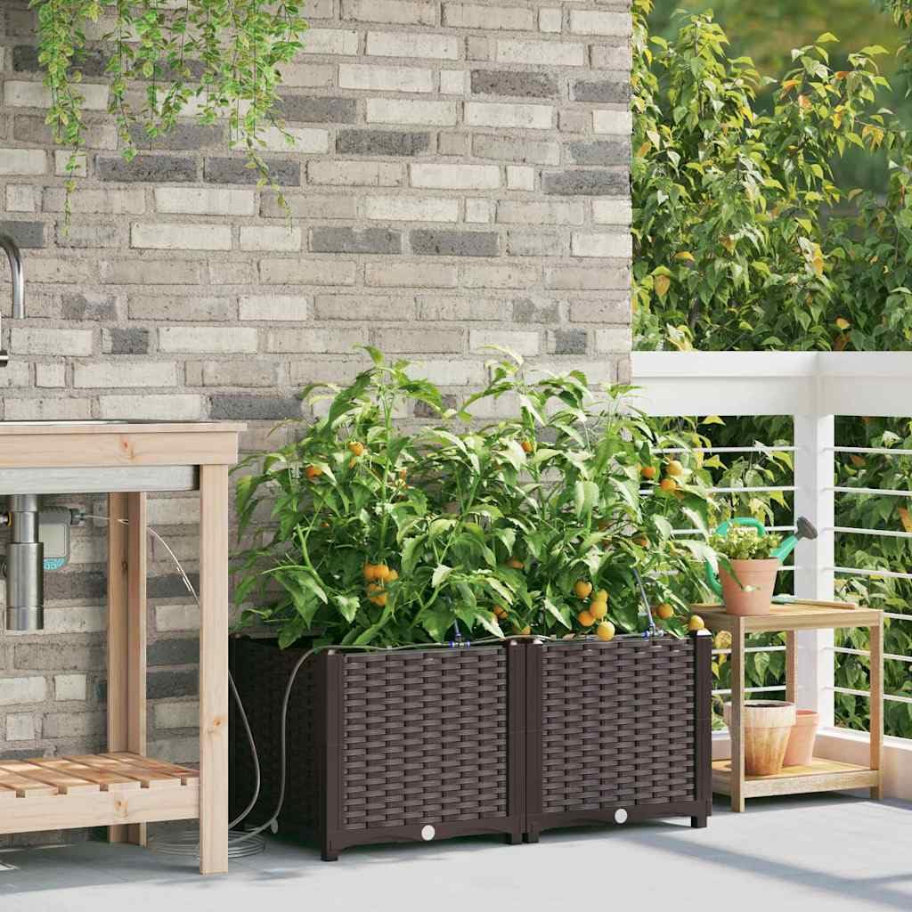 2er Set Pflanzkübel mit Bewässerung Braun 80x40x37,5 cm | Zwei braune Blumenkästen für Balkon und Terrasse mit integriertem Wasserspeicher für einfache Pflanzenpflege im Freien.