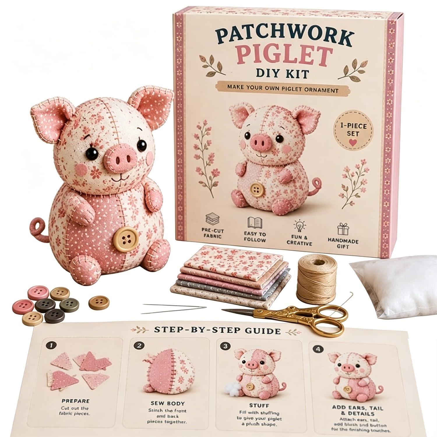 DIY Patchwork Animal Kit, Handmade Sewing Craft Kit with Pre-Cut Fabric & Stuffing, Create Your Own Adorable Animals, 3D Cute Patchwork Animal DIY Kit Beginners, Craft Lovers (Pig)