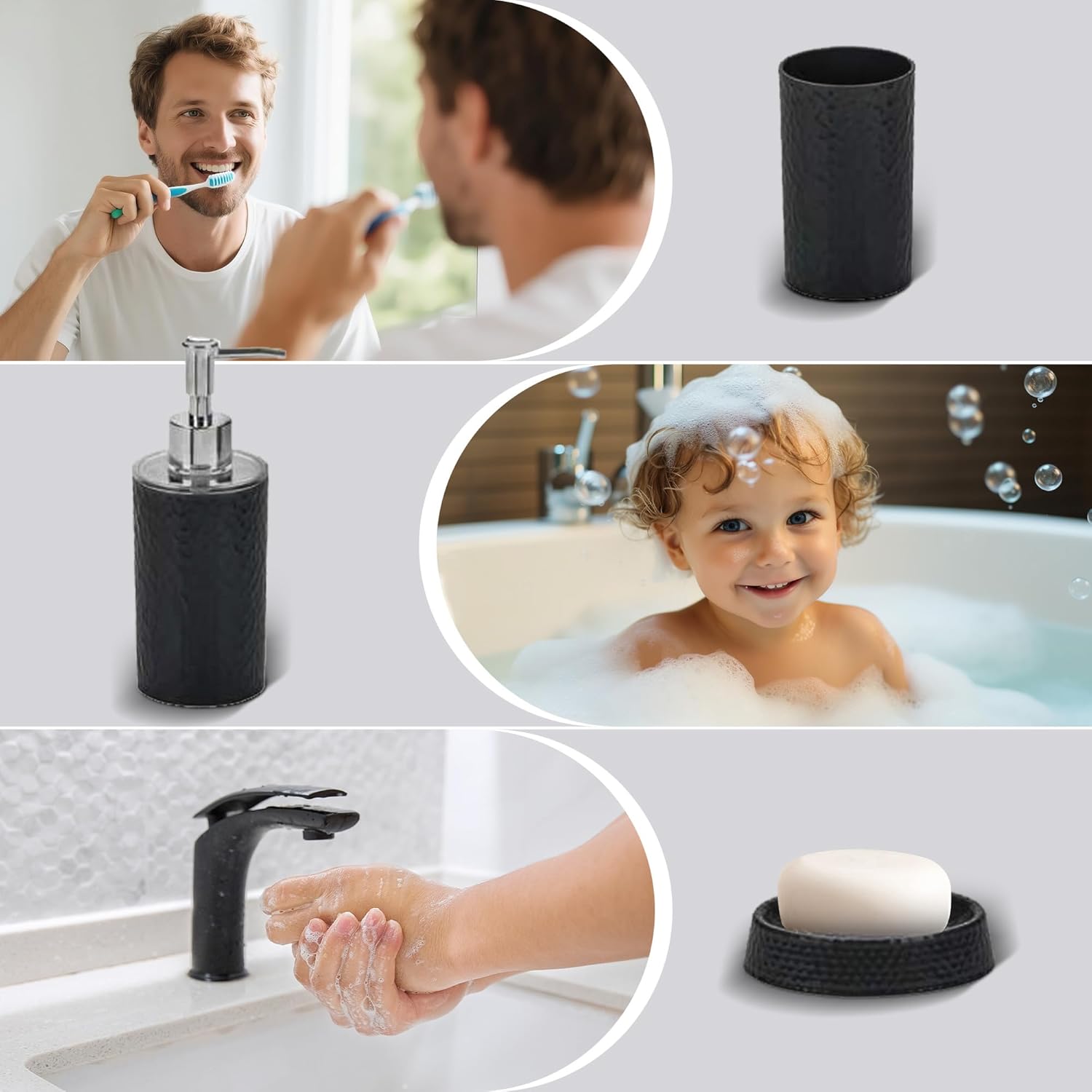 Rosewill Bathroom Accessories 8-Piece Set – Trash Can, Toilet Brush with Holder, Lotion Dispenser, Toothbrush Holder, 2 Toothbrush Cups, Soap Dish & Tray - Black