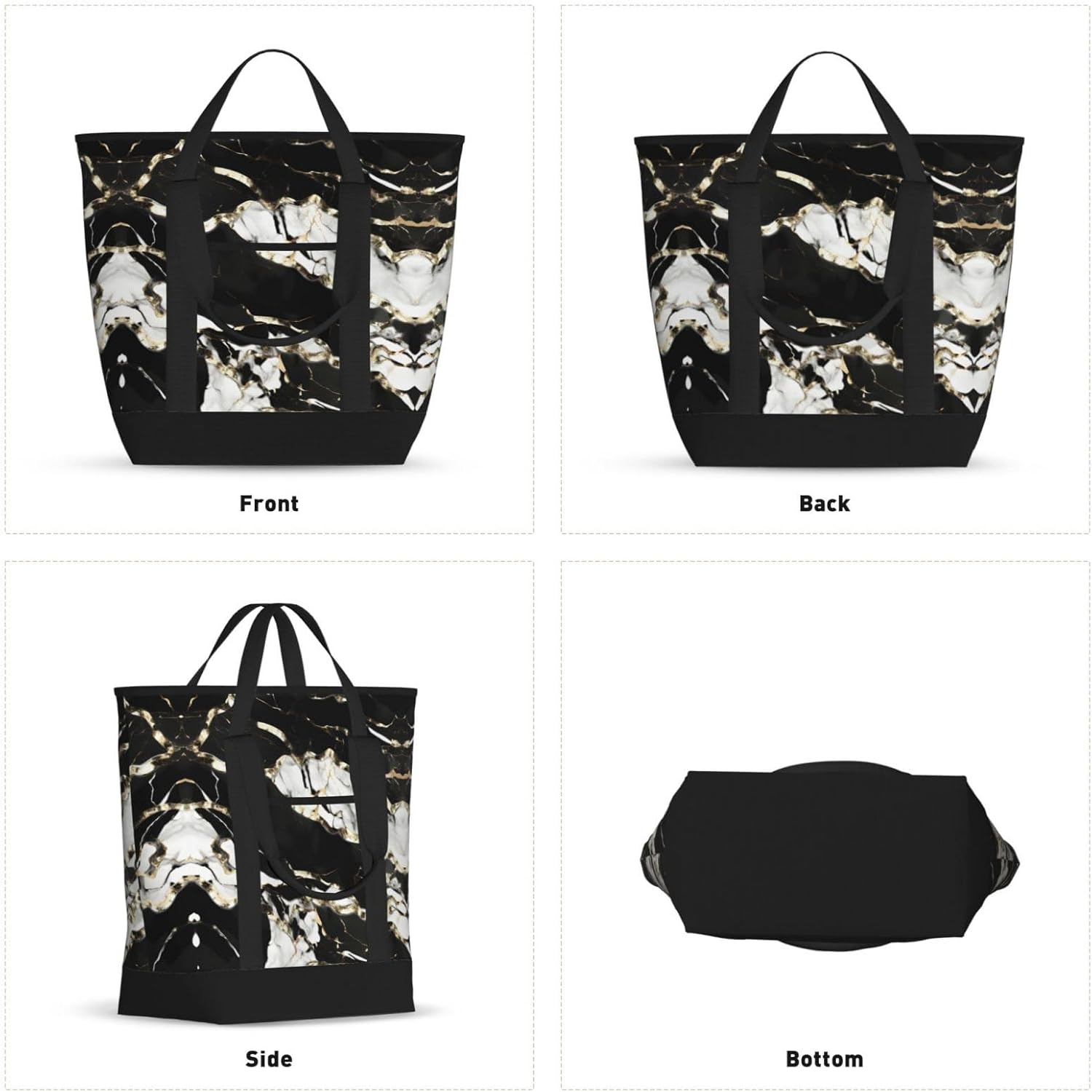 Black And White Marble Texture Print Large Cooler Bag Tote Bag,Reusable Grocery Bag,Lunch Box Bag, For Picnic Beach Camping