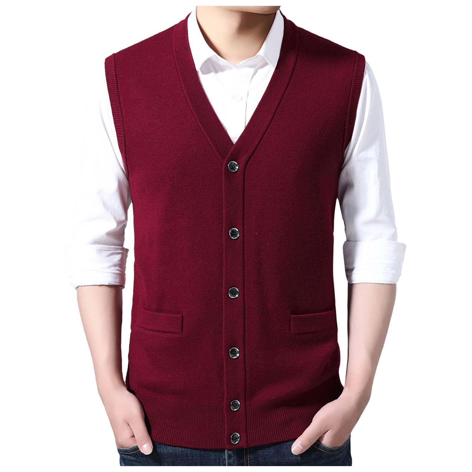 Gilet pour homme en laine mélangée avec boutons, col en V, couleur unie, sans manches, cardigan, poches, débardeur en polaire, débardeur automne hiver chaud
