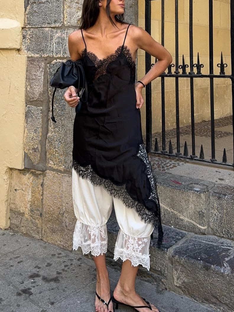 Seyurigaoka Women Lace Satin Camisole Long Tops Spaghetti Strap Low Cut Slip Dress Party Club Swing Dress Streatwear - Image 2