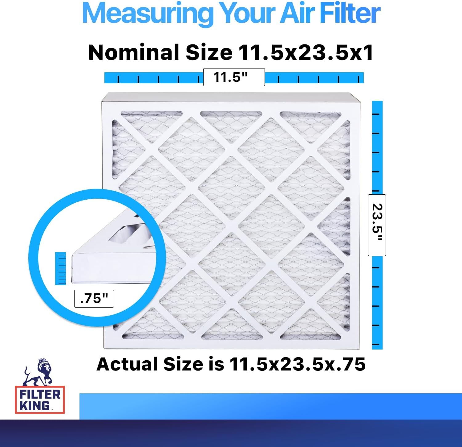 Filter King 11.5x23.5x1 Air Filter (MERV 8) (3-Pack) Dust & Allergy Control AC Furnace Filters, MADE IN USA, HVAC, Pleated, Electrostatic (Actual Size: 11.5 x 23.5 x .75)