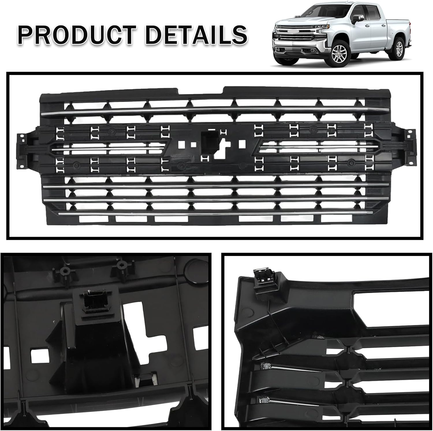 Bewild Front Radiator Grille Assembly Fit For 2019-2021 Chevrolet Silverado 1500 Pickup Mesh Front Bumper Upper Hood Grill Replacement (Matte Black With Chrome Trim)
