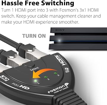 Fosmon 4K HDMI Switch, 3 Port HDMI Switcher with Pigtail Cable, Supports 30Hz, HDCP, Ultra HD for HDTV, PS5, Xbox, Fire Stick