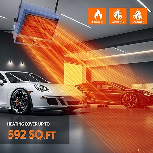 Miniatura 3 de Calentador eléctrico de garaje, calentador de techo de 5000 vatios con 3 niveles de calor, 240 voltios forzado por ventilador cableado, ideal para