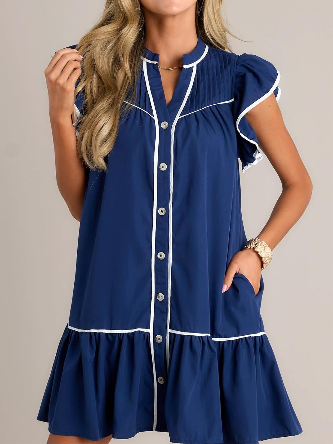 HOULENGS Women's Summer Ruffle Cap Sleeve Flowy Short Dresses Button Down V Neck A Line Babydoll Mini Dress with Pockets - Image 5