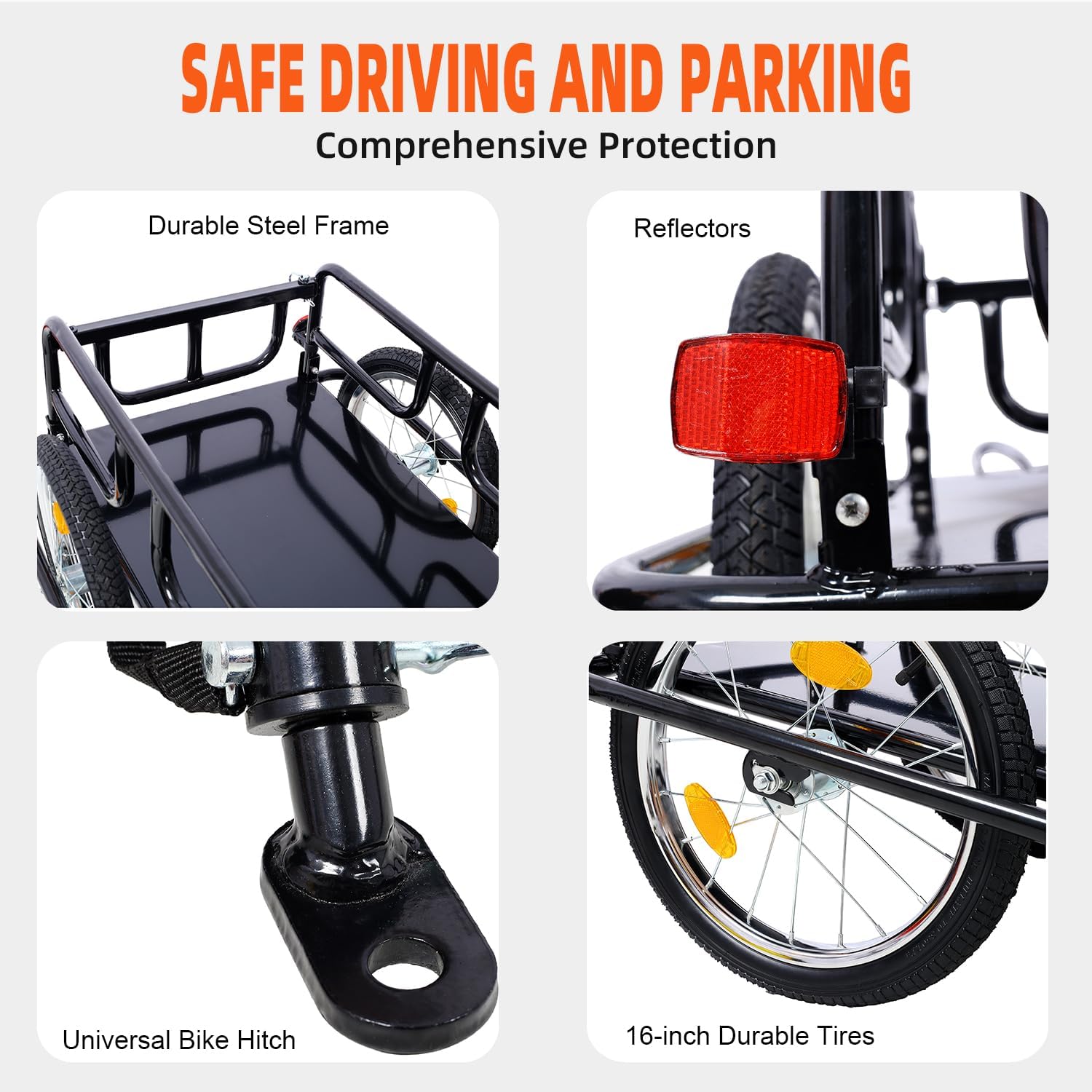 Bike Cargo Trailer, Bicycle Trailer, 110 lbs Load Capacity, Heavy-Duty Bike Trailer Storage Cart, Foldable Compact Storage with Universal Bike Hitch, 16" Wheels & Reflectors