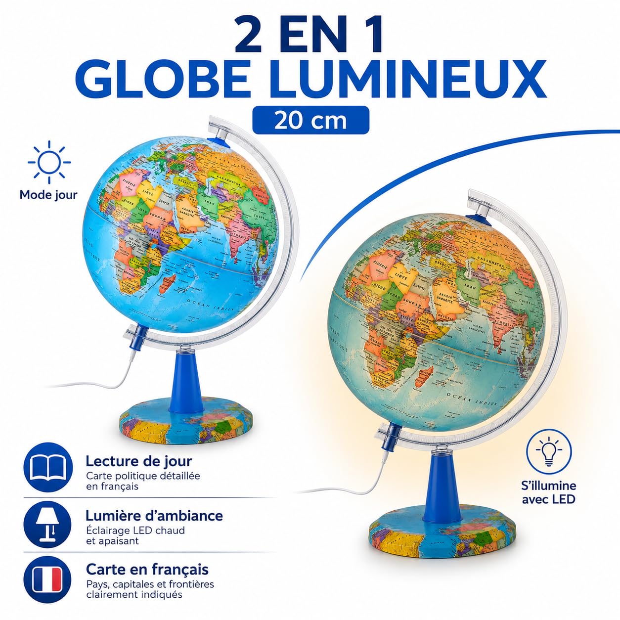 Globe Lumineux 20cm Carte Française LED avec Pins USB C | Carte politique lisible avec 20 punaises support décoratif boîte cadeau pour école bureau chambre et voyageurs