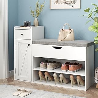 Loomie Shoe Storage Bench, 2-Tier Farmhouse Entryway Bench with Lift Top Storage Box, Drawer & Soft Removable Seat Cushio...