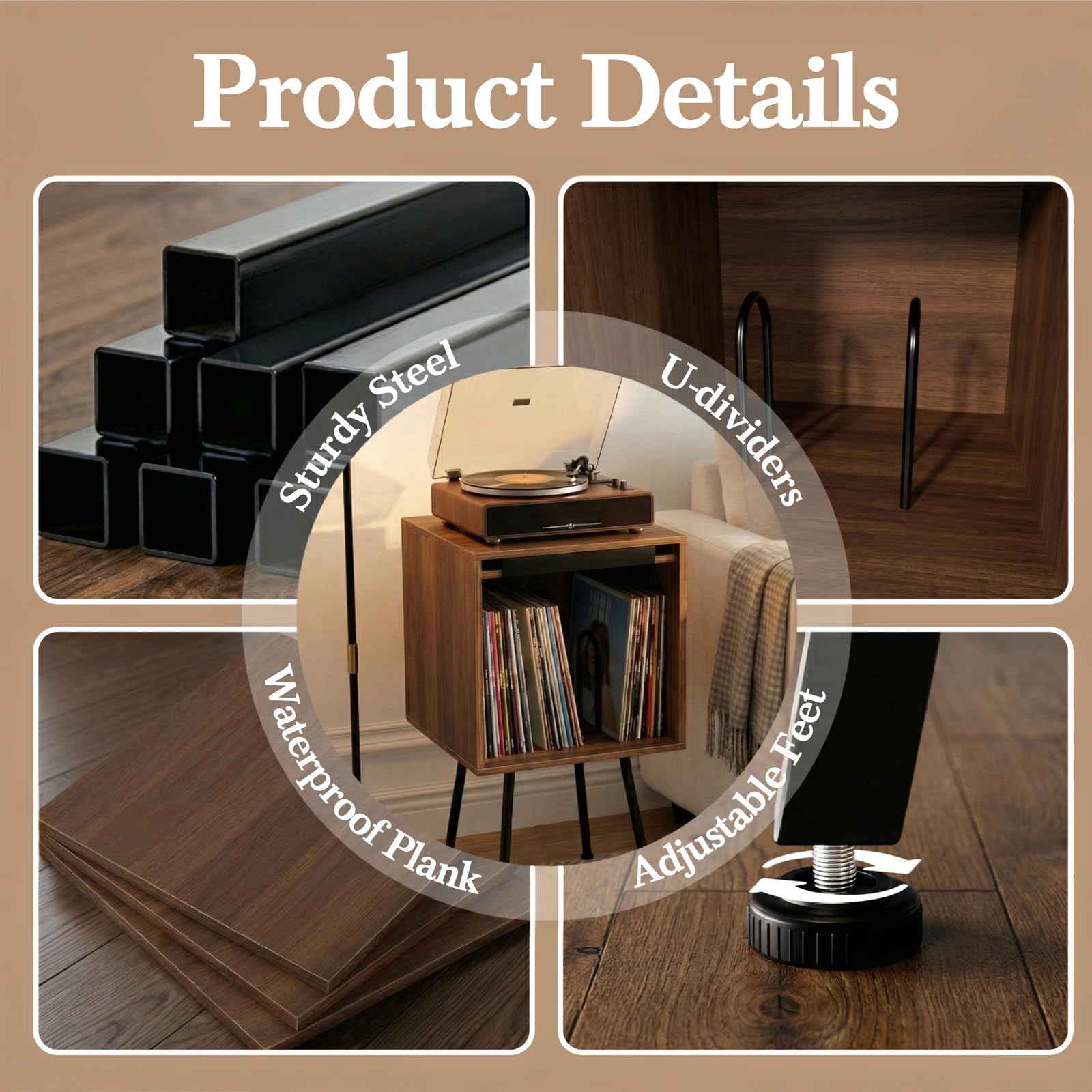 Faesun Supporto per giradischi con coperchio ribaltabile, può contenere fino a 100 album, supporto per giradischi con display per dischi in vinile, per soggiorno, camera da letto, noce