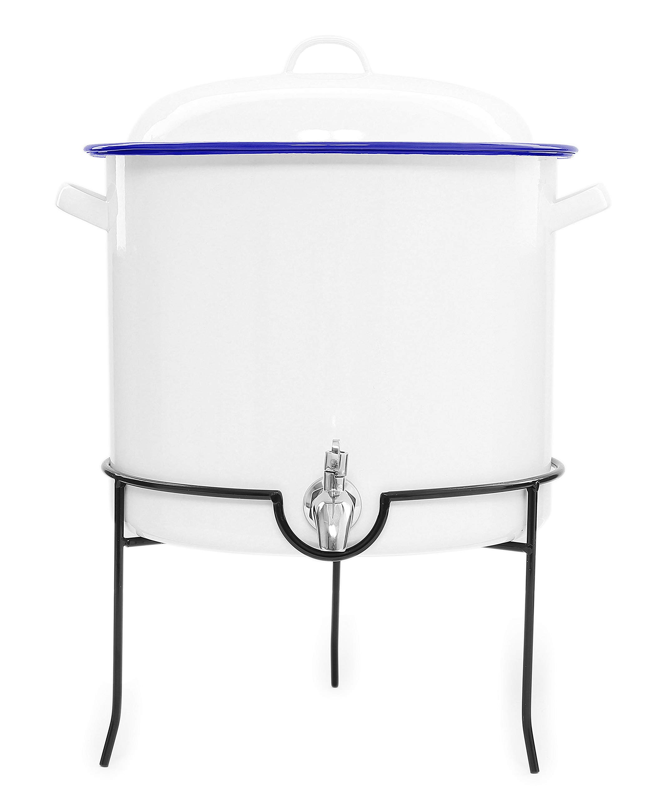 Enamelware Beverage Dispenser with Rack, 15 quart, Vintage White/Blue